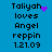 Blue background with black pixelated text reading 'Taliyah loves Angel reppin 1.21.09' and purple pixelated heart or star symbols in different positions across frames.