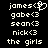 Pixelated text list with names and symbols on black background, showing two versions of the same layout where one name has a heart symbol instead of a number.