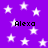 Purple background with white stars and repeated 'Alexa' text in pixelated font.