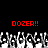 Red text 'DOZER!!' appears twice above a of pixelated figures with raised hands against black background