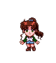 Pixel art character with brown hair in pigtails, green jacket, blue skirt, brown boots; transitions through multiple poses with blue lightning effects and a black silhouette form.