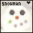 A snowman face with black eyes, orange nose, and green-and-gray buttons appears in a of four by three