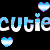 Pixelated blue and white text "CUTIECUTIE" with four heart symbols on a black background, featuring gradient shading and dithering effects.