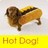 Pixelated image of a brown dog lying on its side with a yellow banner below reading 'Hot Dog!' in pixelated text.