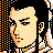 Pixelated 48x48 static icon of a person's face with black hair, orange and white background patterns, and yellow skin tone.