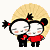 Two cartoon figures in red and black clothing stand side-by-side against a beige sunburst background, with one figure's arm around the other's shoulder.