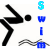 A 4-frame animated contact sheet showing a stick figure swimming with wavy water lines, where the text "SWIM" cycles through blue and cyan colors across frames.