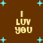 Brown background with light blue stars and four identical pixelated 'I LUV YOU' text blocks arranged in a