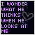 Animated sequence of six showing purple text on dark background with a heart symbol, each displaying the phrase "I WONDER WHAT HE THINKS WHEN HE LOOKS AT ME"