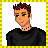 A 48x48 pixel buddy icon featuring a cartoon character with brown hair, green eyes, and an earring wearing a black shirt and blue choker necklace on the left; two animated purple-and-black patterned frames on the right.