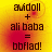 Yellow and red gradient background with black text reading 'avidoll + ali baba = bbflad!' in four identical arranged in a