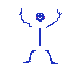 Blue stick figure with circular head and smiley face performs various poses against light gray background.
