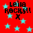 Red background with cyan stars and black text reading "Leila Rocks!!" with an 'X' below, displayed in a of four identical