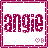 A static contact sheet of three identical AIM buddy icons featuring the name 'angie' in pixelated magenta text with a small heart and 'B' symbol below it, all enclosed by a matching magenta border on white background.