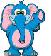 Blue cartoon elephant with pink inner ears and belly, green eyes, smiling face, waving right trunk in four sequential poses.