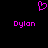 A static pixel art image with a black background, featuring a pink heart symbol above two instances of the text 'Dylan' in pink pixelated font.