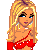 Pixel art of a blonde woman in red polka-dot top with changing expressions and text overlays.