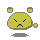 Pixelated yellow character with closed eyes, orange cheeks, and a downturned mouth on gray background; two states show different floating elements.