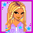 Pixel art contact sheet of an animated doll icon with multiple facial expressions and a text frame, set against a purple background with blue stars.