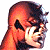 A pixelated character with a red face and dark hair, wearing a white jacket over a black shirt.