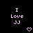 Pixelated text 'I Love JJ' in light purple on black background with two pixel hearts below, one heart slightly larger than the other.