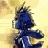 Pixelated blue character with spiky hair and white accents against a yellow gradient background.