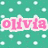 Teal background with white polka dots and four pink text labels: 'olivia', 'tori', 'loren', 'BBF' in rounded font.
