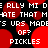Pixelated text and red circular shapes repeat across a black background, with partial phrases about pickles visible.