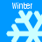 Four light blue snowflakes on a solid blue background, each labeled "Winter" in white pixelated text above or below the snowflake.