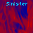 A pixelated image with red and blue abstract background, displaying the word "Sinister" in cyan text across three sections.