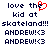 Pixelated text reads 'love the kid at skateland!!! ANDREW! <3' with a red heart replacing the letter e in 'the', displayed across two identical side-by-side