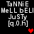 Pixelated text displays 'TaNNiE MeLL bELLI JuSTy [q.0.h]' with red heart symbols on a black background, showing animation changes in heart positions.