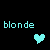 Pixelated cyan text 'blonde' appears twice on black background with two heart symbols below, one cyan and one white.