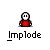 Pixelated character in red shirt with white face and black eyes, transitioning through multiple states including full body, partial body, and abstract symbols, with text "_ImploDe" below.