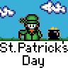 Pixel art contact sheet showing three St. Patrick's Day-themed animated frames with leprechaun characters, pots of gold, and rainbow effects.