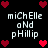 Pixelated text 'michelle and phillip' repeated four times on black background with red heart symbols at corners and center.