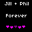 Pixelated text 'Jill + Phil' and 'Forever' above five pink/purple hearts on black background, with heart positions shifting between frames.