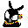 Pixel art character with black body, white eyes, gray nose, red-yellow checkered ear accessory, and yellow-red beaded necklace in multiple expressions.
