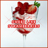 A glass of strawberry-topped dessert with red text overlay reading 'SWEET LIKE STRAWBERRIES' and red crosshatch patterns on a white background.