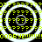 Four circular white spiral patterns on black background with yellow pixelated text reading 'OOOBEY!!!!!!!!' in two horizontal