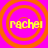 Four identical orange concentric circles on a bright pink background, each containing the yellow text 'rachel' in pixelated font.