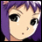 Pixelated anime-style character with purple hair and large black eyes, next to stylized text on a black background.