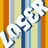 Pixelated white text on a striped background with vertical orange, blue, and yellow bands.