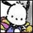 A 48x48 pixel buddy icon featuring a white cartoon character with black eyes and ears, wearing colorful striped clothing, next to stylized text on a black background.