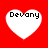 Four white heart shapes on a red background, each containing the text 'Devany' in black pixelated font.