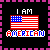 Static pixel art displays "I AM" above a stylized American flag, with "AMERICAN" below in red and blue lettering against a black background bordered by pink squares.