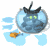 Animated sequence of a blue cat-like creature inside a glass sphere with green eyes, holding an orange fish-shaped object against light blue background.