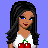 Pixel art of a woman with long dark hair, blue eyes, and a white top with red cherries, holding a yellow basket, standing next to a person in blue pants and white sneakers on a purple background.