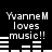 Black background with white pixelated text 'Yvonne M loves music!!' and changing white bar graph elements below.