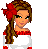 Pixel art contact sheet showing three frames of an animated character icon with red and white clothing, brown hair, and text labels below each frame.